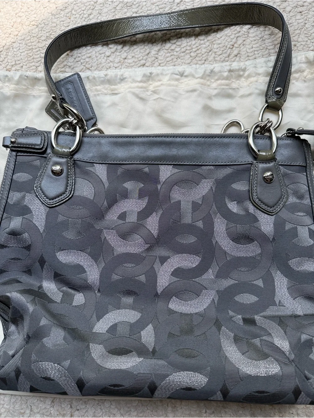Coach Gray Signature Jacquard Shoulder Bag with Leather Trim